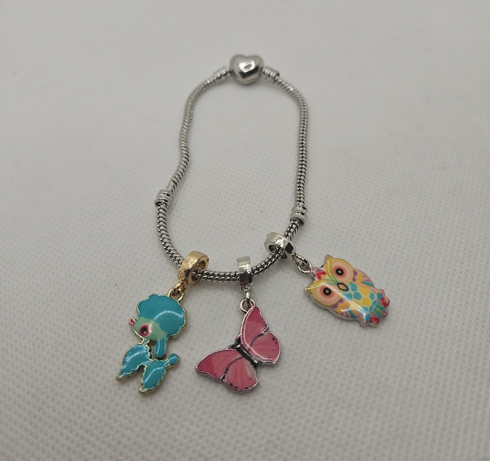 Charming Kids Bracelet with Owl, Butterfly, and Flower Charms